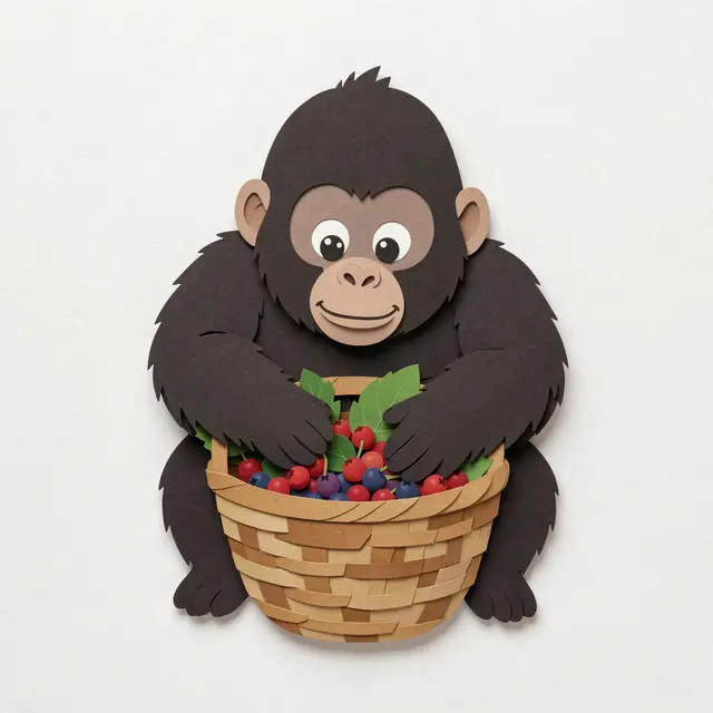 Layered paper cut illustration of a cute baby gorilla holding a woven basket full of wild berries