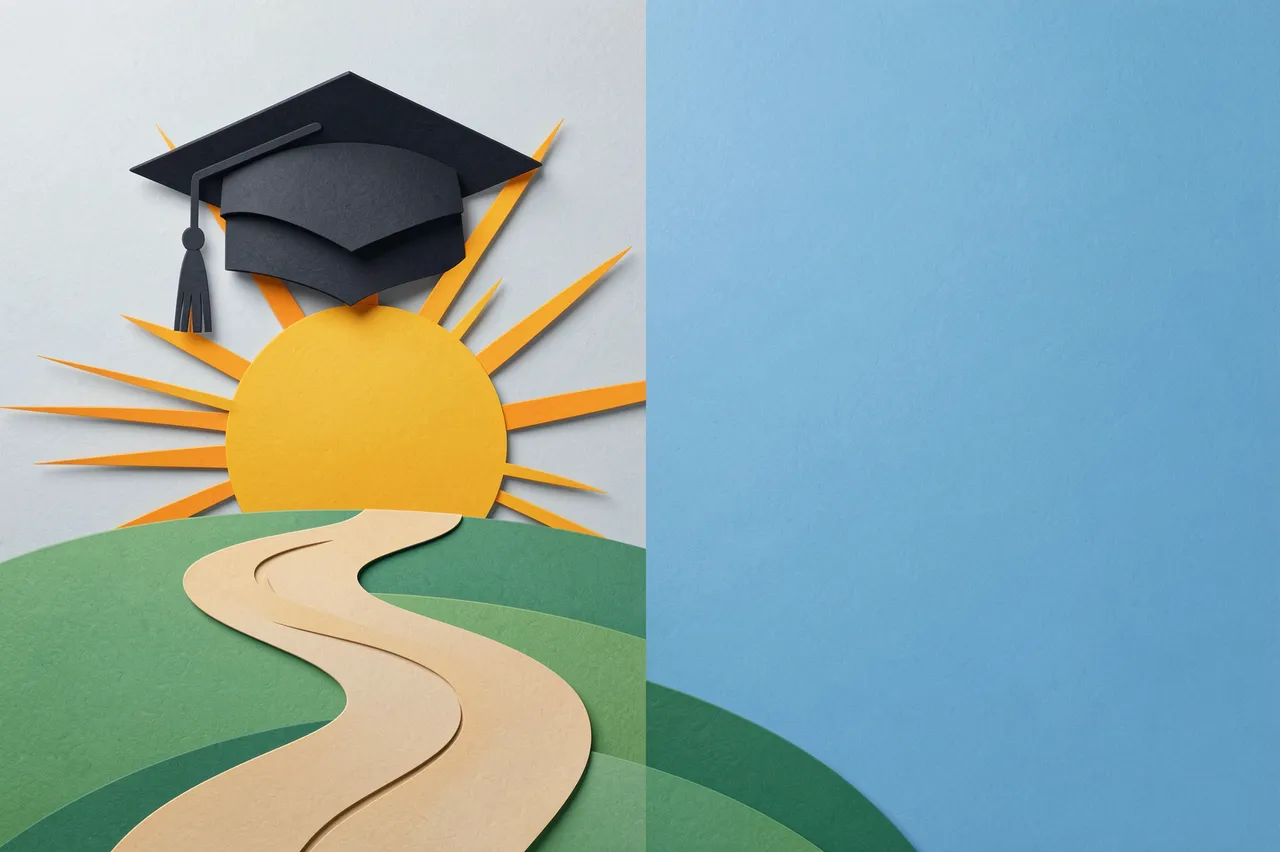 Paper cut illustration of a graduation cap above a winding path leading to a rising sun, with empty blue sky on the right