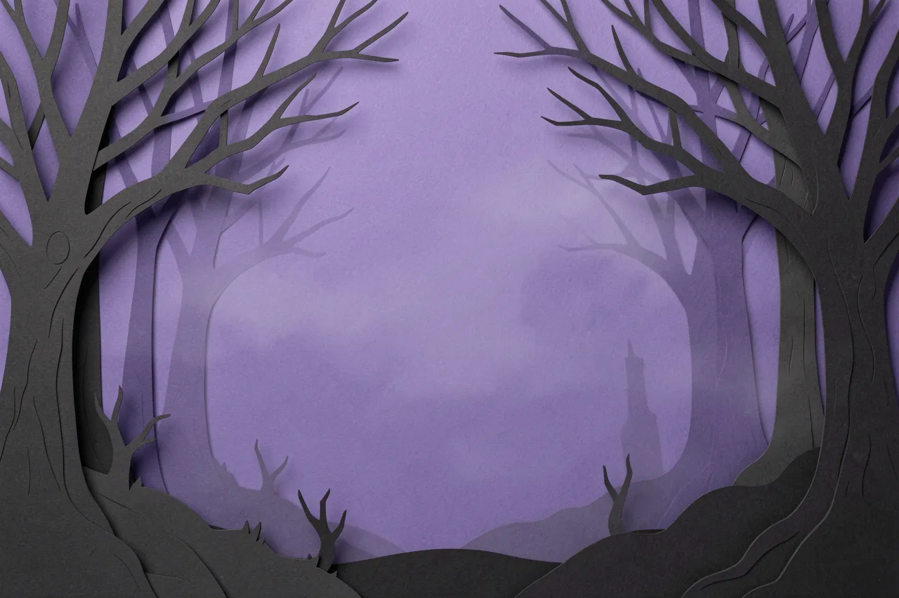 Layered paper cut illustration of bare haunted trees framing an empty misty violet center