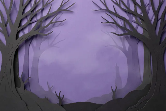 Layered paper cut illustration of bare haunted trees framing an empty misty violet center