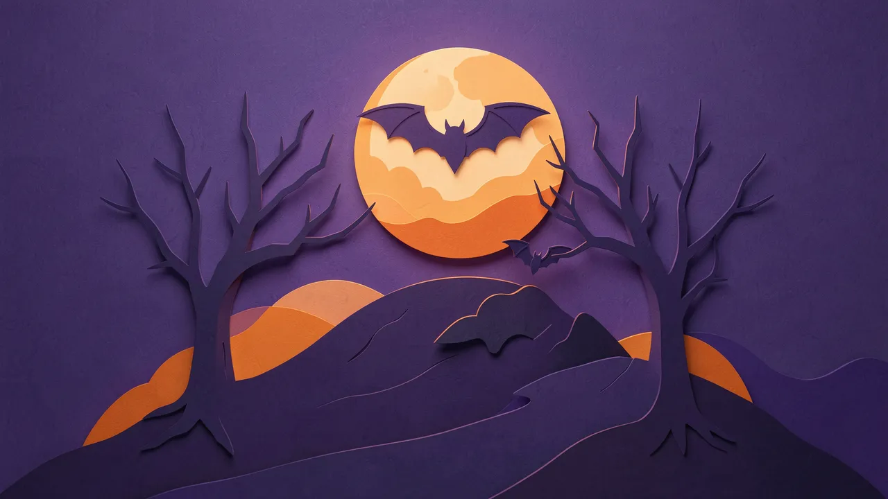 Layered paper cut illustration shows bare spooky trees, two bats, and a glowing moon over a haunted purple and orange hill.