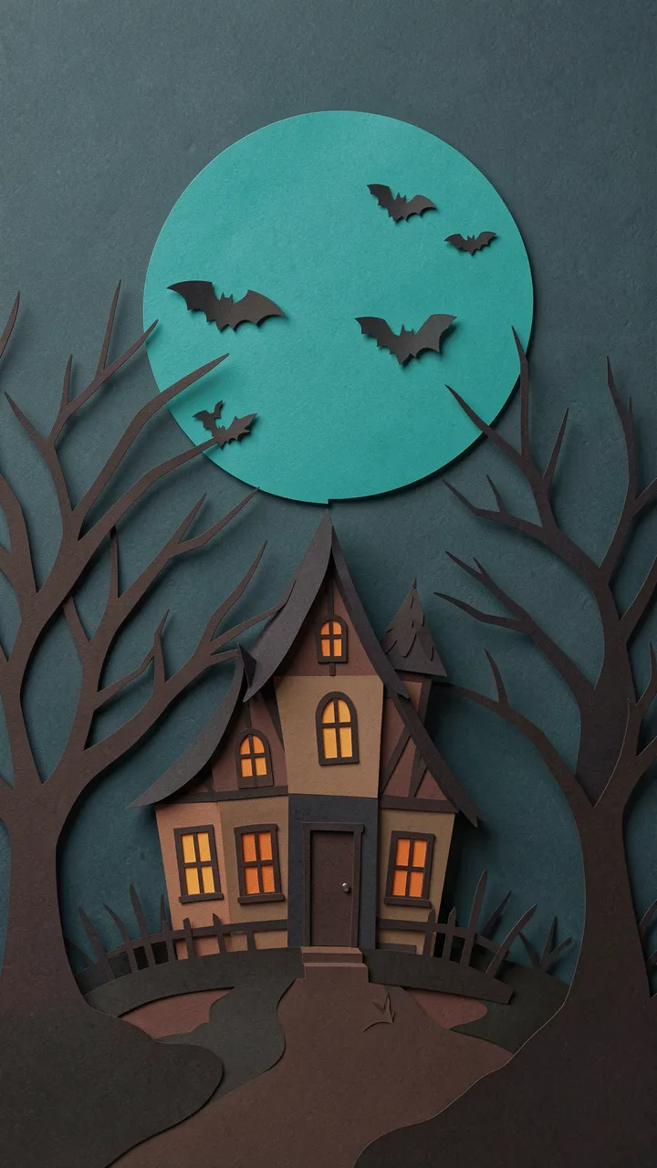Layered paper cut Halloween scene with a crooked haunted house, bare trees, teal full moon and flying bats