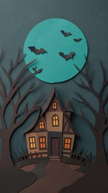 Layered paper cut Halloween scene with a crooked haunted house, bare trees, teal full moon and flying bats
