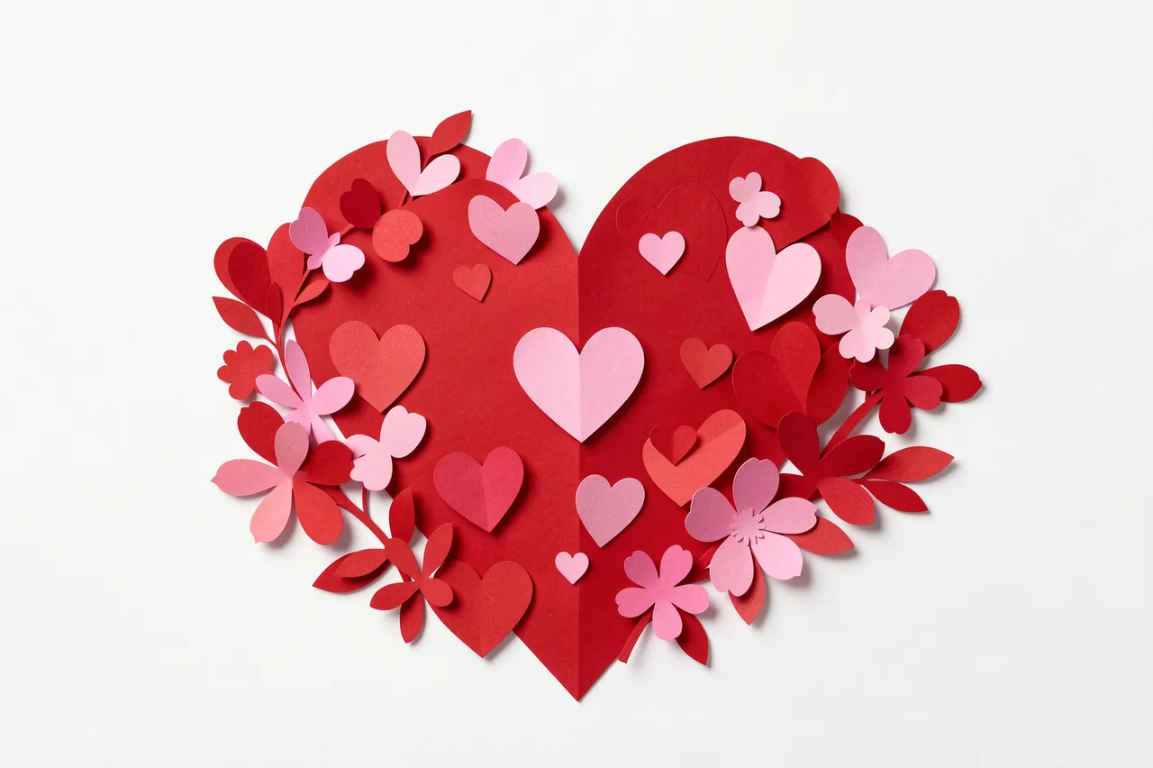 Layered paper cut illustration of a large red heart decorated with smaller hearts and pink flowers on a white background