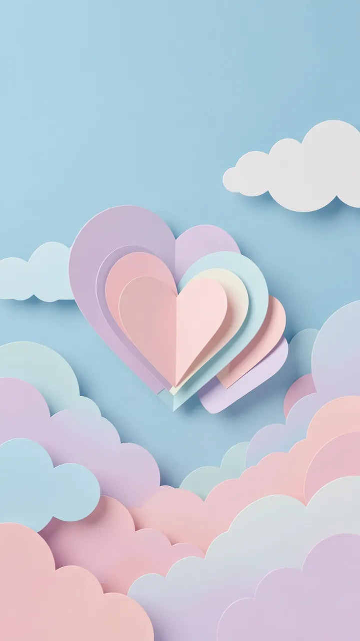 Layered pastel paper-cut hearts float over pastel paper clouds against a light blue empty sky.