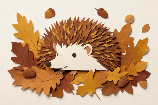 Layered paper cut illustration of a hedgehog surrounded by oak leaves and acorns on a light neutral background