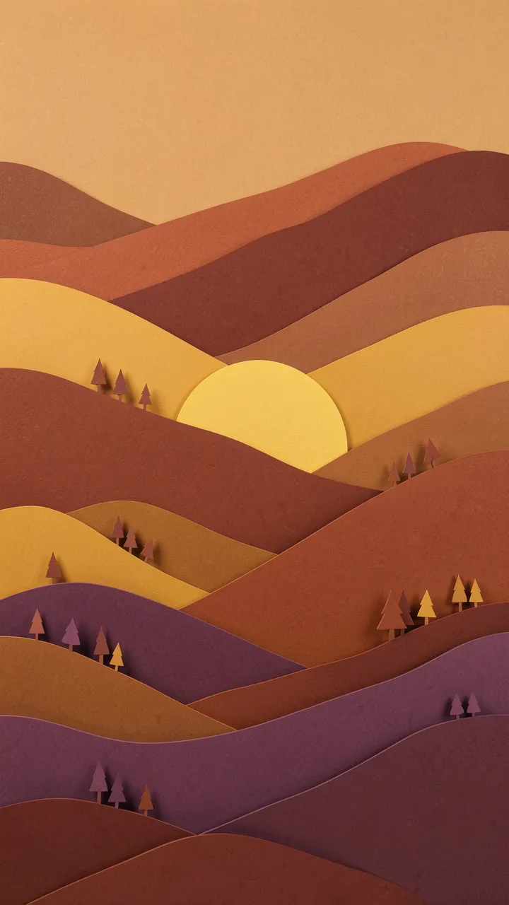 Layered paper-cut landscape of rolling fall hills with a setting sun and tiny pine trees