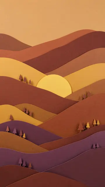 Layered paper-cut landscape of rolling fall hills with a setting sun and tiny pine trees