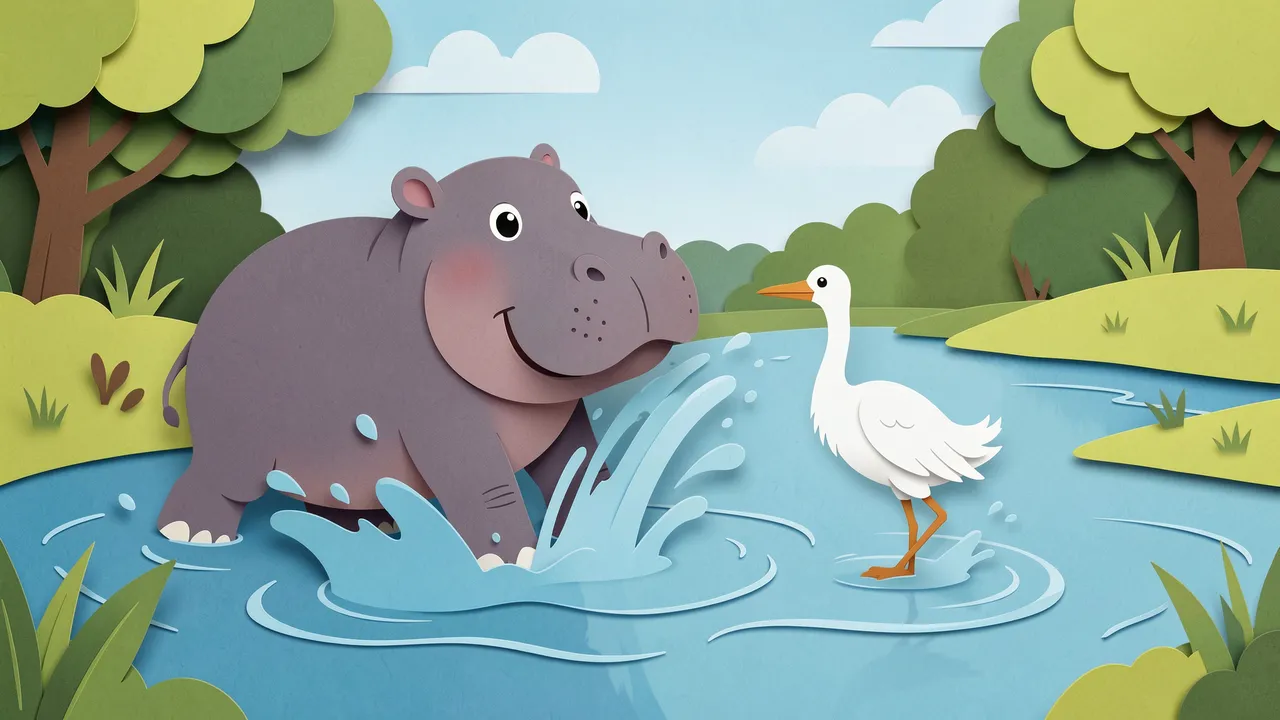 Layered paper cut illustration of a cute hippo splashing near a white egret in a sunny river