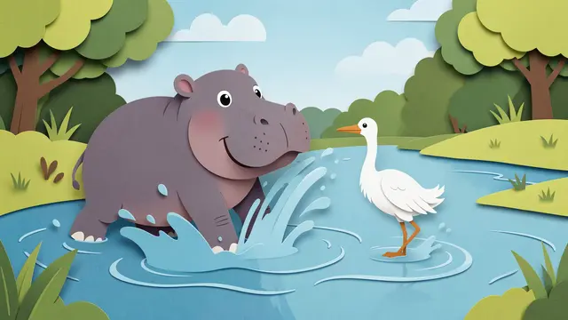 Layered paper cut illustration of a cute hippo splashing near a white egret in a sunny river