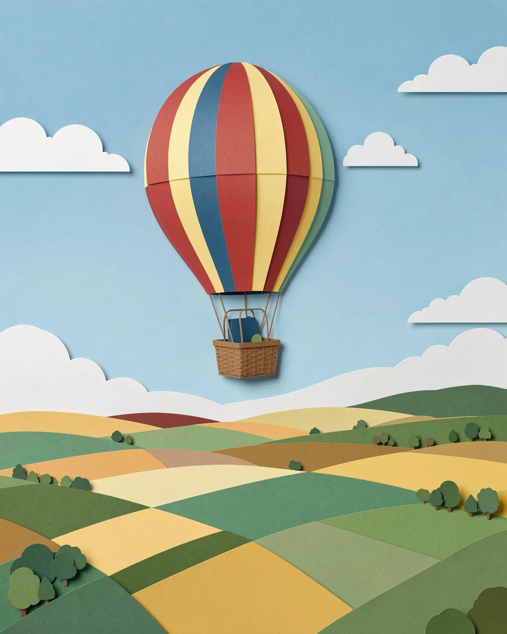 Layered paper craft illustration of a striped hot air balloon floating over patchwork rural fields under a bright blue sky