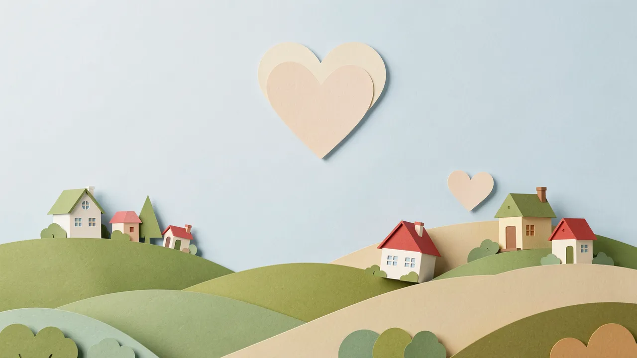Paper cut craft of small houses on rolling hills with heart accents against an empty pale blue sky