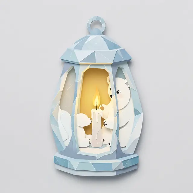 Layered paper cut illustration of a polar bear cub and adult beside a lit candle inside an ice lantern