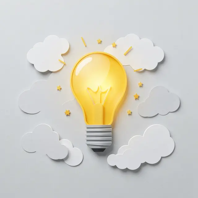 Layered paper cut illustration of a glowing lightbulb surrounded by paper clouds and small golden stars on a light gray