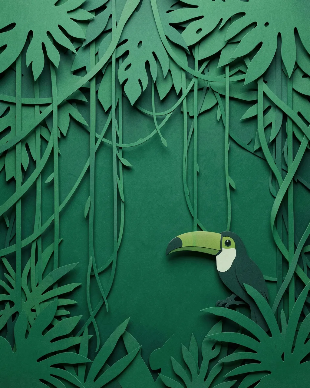 Layered paper cut art of a toucan perched among green jungle leaves and hanging vines