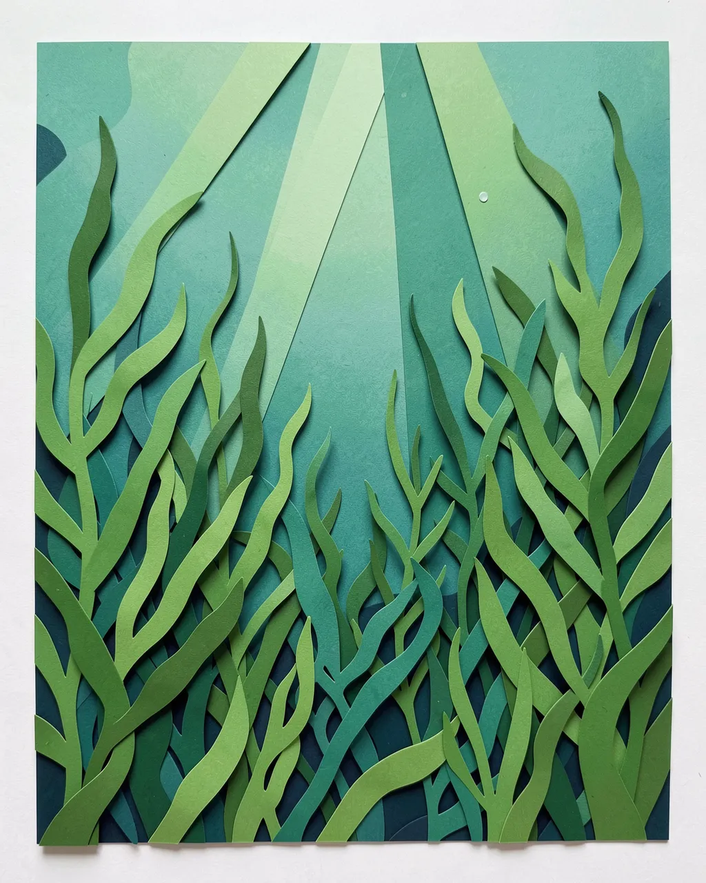 Layered paper cut art of an underwater kelp forest with slanted sun rays in green and teal tones