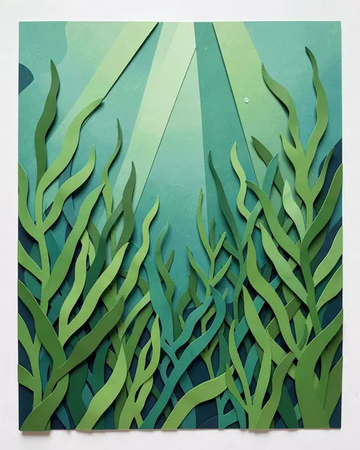 Layered paper cut art of an underwater kelp forest with slanted sun rays in green and teal tones