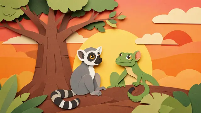 Layered paper cut illustration of a ring-tailed lemur and chameleon sitting on a branch watching a warm orange sunrise