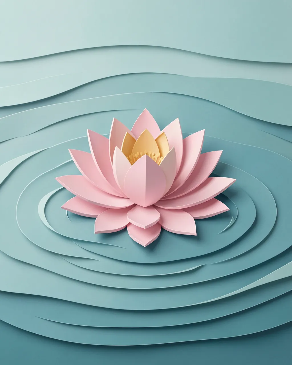 Paper cut art of a pink lotus flower floating on layered rippled teal water