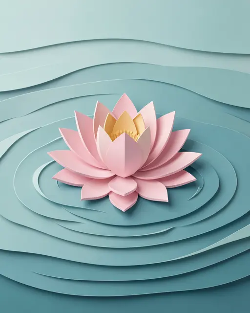 Paper cut art of a pink lotus flower floating on layered rippled teal water