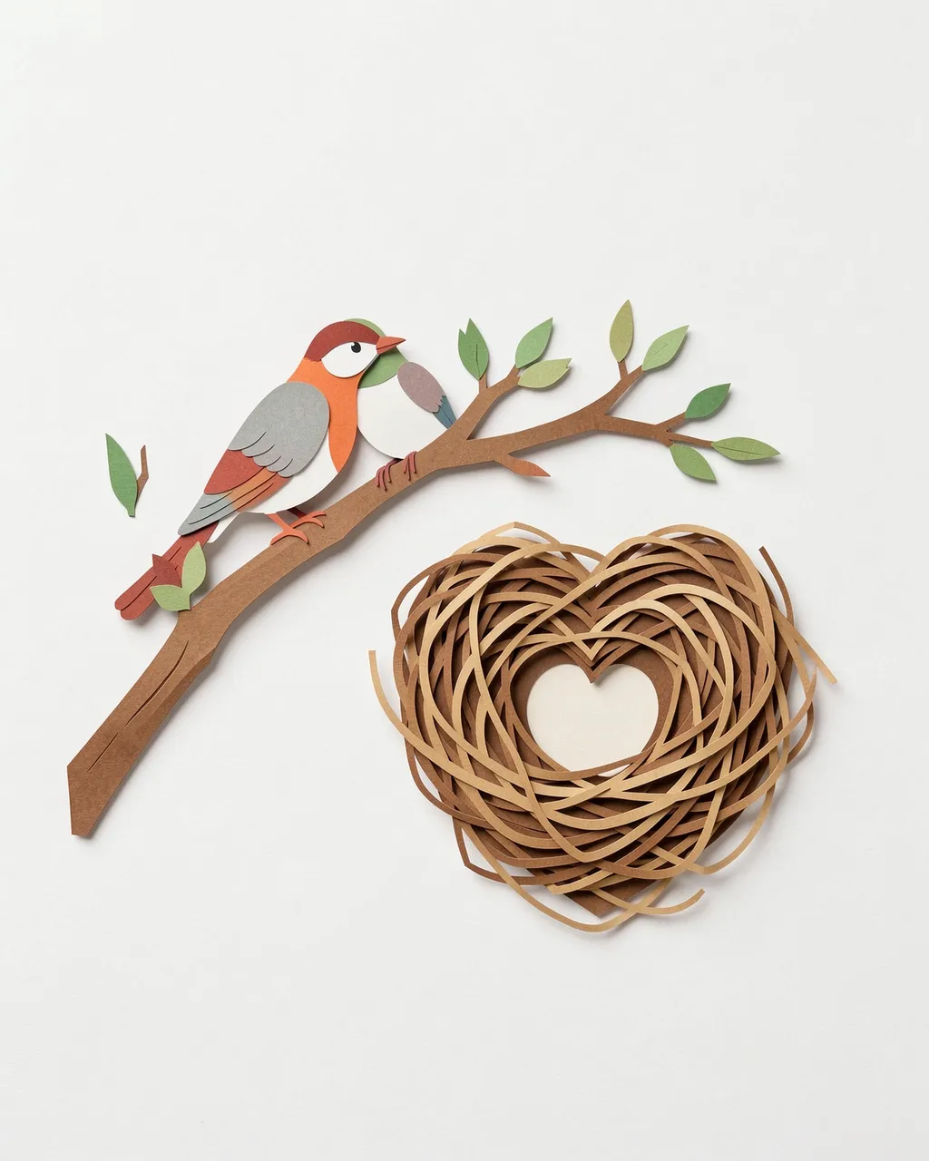 Paper cut illustration of two affectionate birds perched on a branch next to a heart-shaped nest on a plain white background