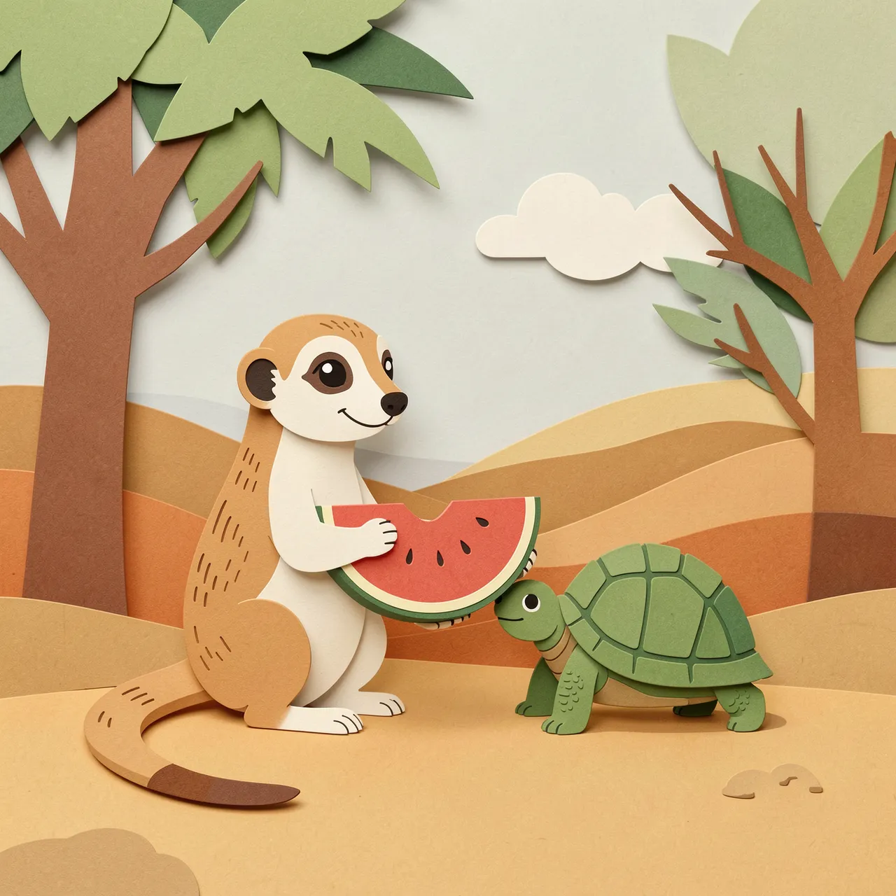Layered paper cut illustration of a meerkat and tortoise sharing a watermelon slice in desert tree shade