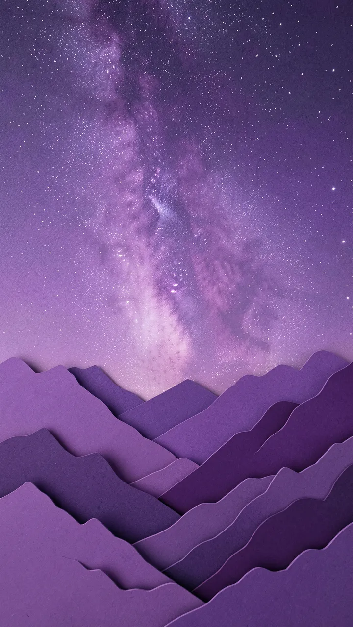 Layered purple paper cut mountain ridges sit below a starry purple milky way sky