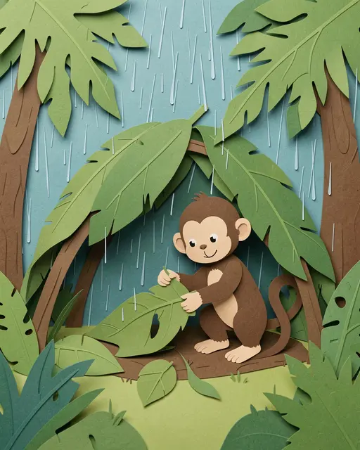 Layered paper cut illustration of a cute monkey building a leaf shelter during tropical rain