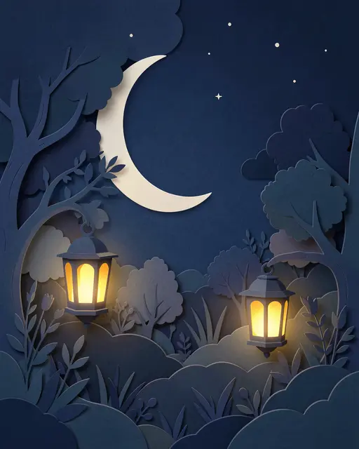 Layered paper cut illustration of a night garden with glowing lanterns and a crescent moon in a starry sky