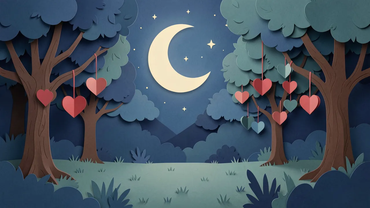 Layered paper cut illustration of a night garden with hanging paper hearts under a glowing crescent moon