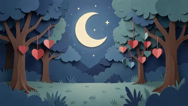 Layered paper cut illustration of a night garden with hanging paper hearts under a glowing crescent moon