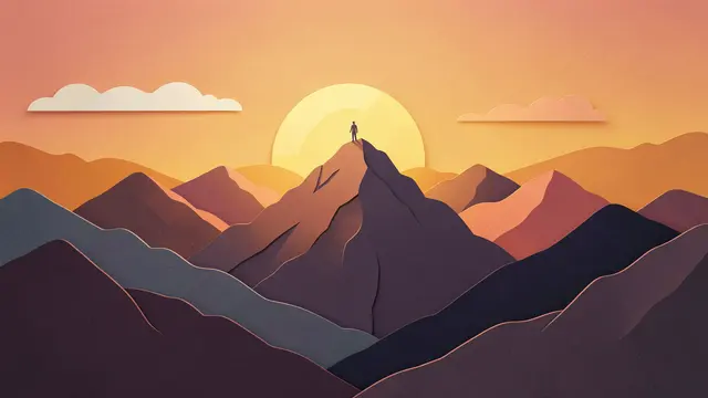 A tiny silhouette figure stands on the highest layered paper mountain peak against a rising sun