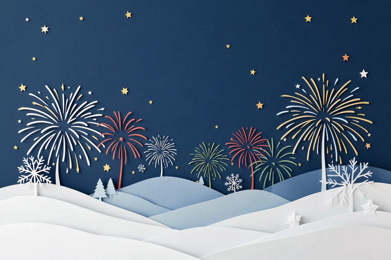 Layered paper cut illustration of snowy hills, fireworks and starry sky on New Year's Eve with empty copy space