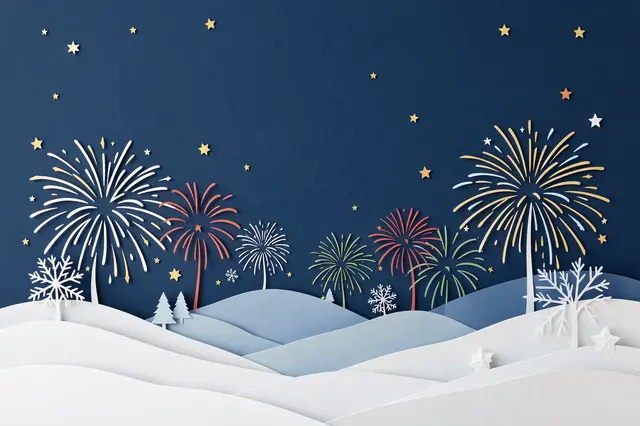 Layered paper cut illustration of snowy hills, fireworks and starry sky on New Year's Eve with empty copy space