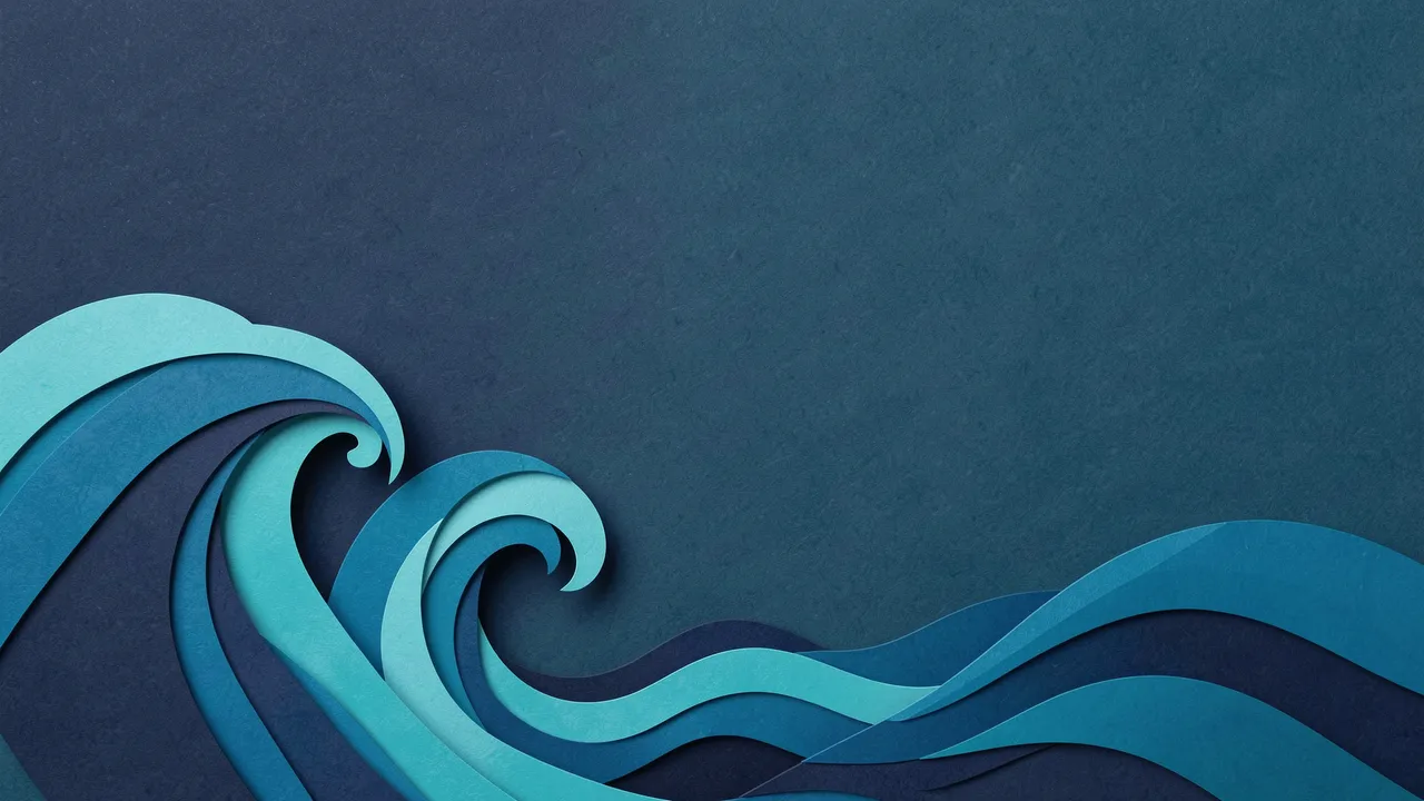 Layered paper cut sea waves curl along the lower left with empty dark blue copy space on the right
