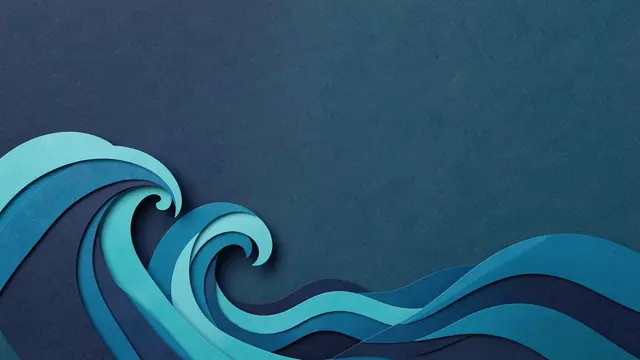 Layered paper cut sea waves curl along the lower left with empty dark blue copy space on the right
