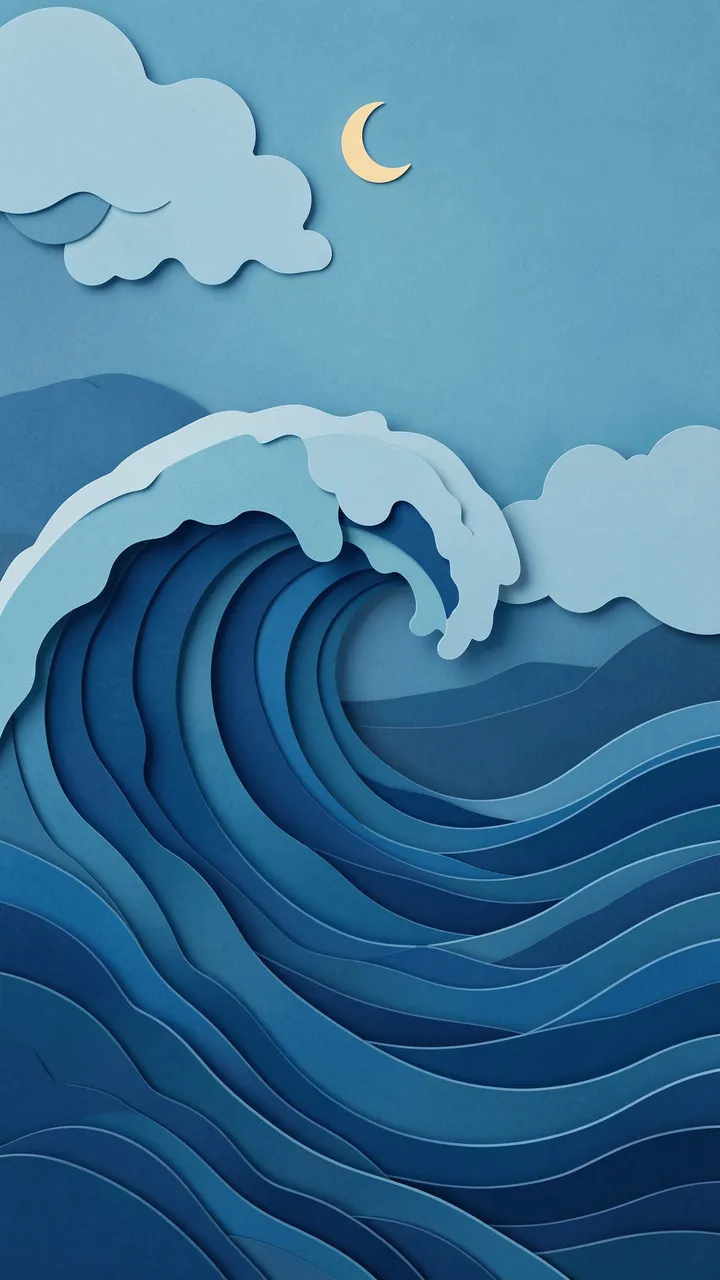 Layered paper cut illustration of a curling ocean wave, clouds, and small crescent moon in varying blue tones