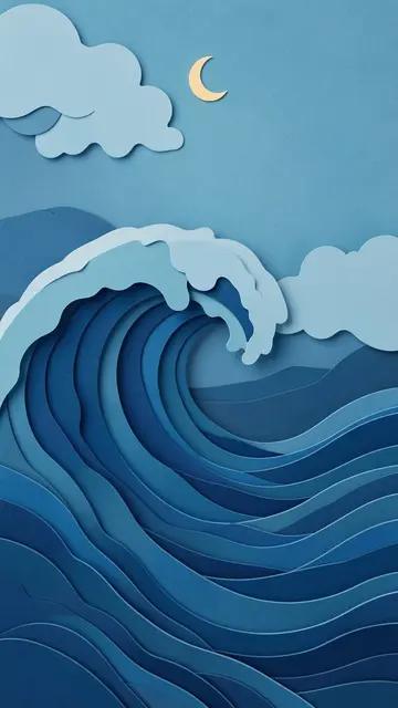 Layered paper cut illustration of a curling ocean wave, clouds, and small crescent moon in varying blue tones