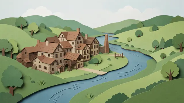Layered paper cut illustration of an old mill town set in a green valley with a winding river