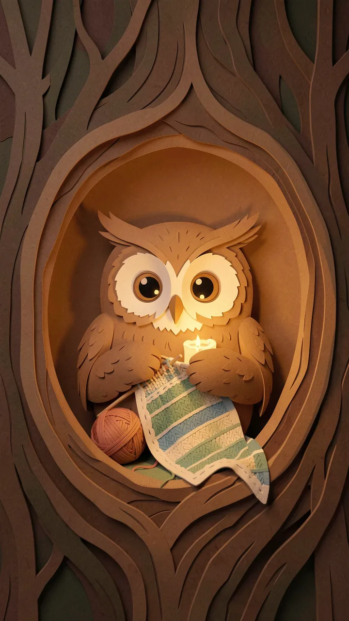 Layered paper cut tawny owl knits a striped blanket by candlelight inside a hollow tree trunk