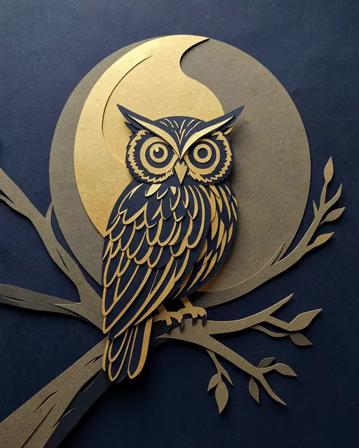 Layered navy and gold paper cut art of an owl perched on branches below a stylized moon