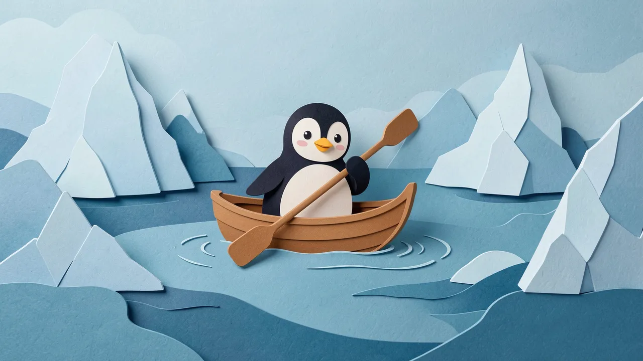 Layered paper cut illustration of a cute penguin rowing a small wooden boat between icy blue icebergs