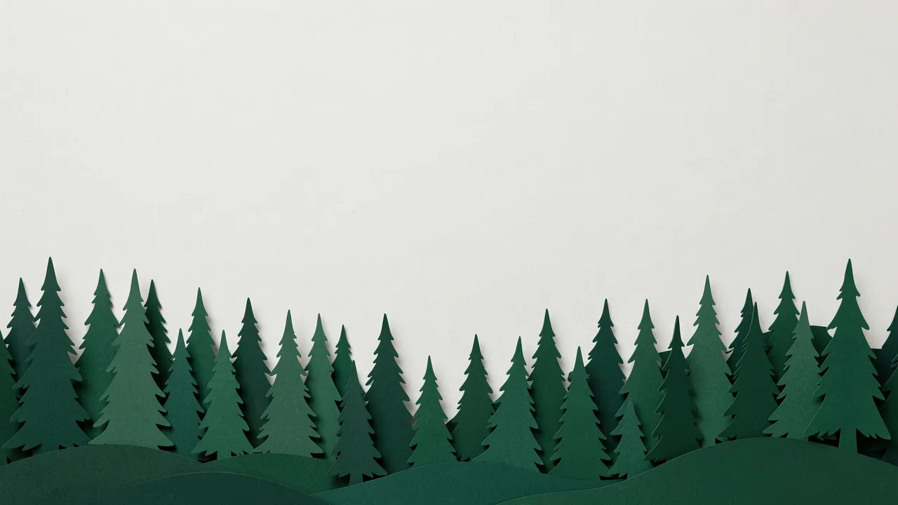 Layered paper cut pine trees in varying deep green shades line the bottom edge of a pale blank background with empty copy