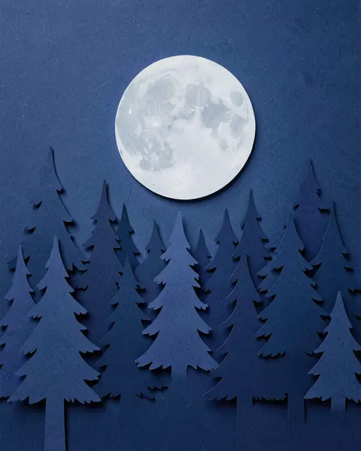 Layered paper cut art of a pine forest beneath a bright full moon on a midnight blue background