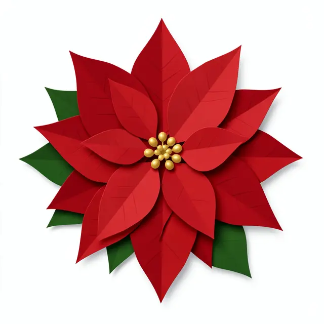 Layered paper cut poinsettia with red bracts, gold centers, and green leaves on a plain white background