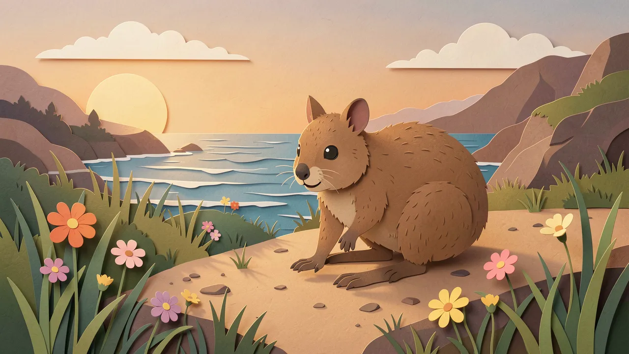 Layered paper cut illustration of a quokka on a coastal trail surrounded by wildflowers at sunrise