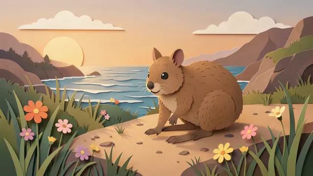Layered paper cut illustration of a quokka on a coastal trail surrounded by wildflowers at sunrise