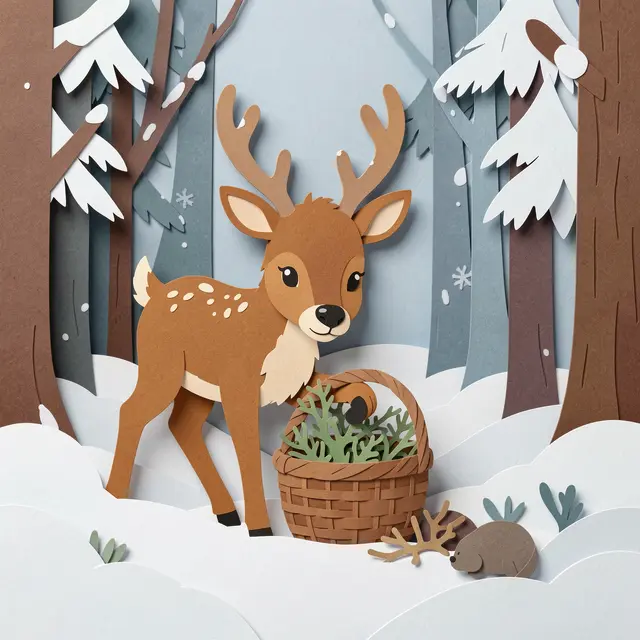 Layered paper cut illustration of a cute reindeer calf next to a basket of lichen in a snowy winter forest