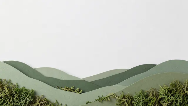 Layered paper cut hills in sage and moss green sit along the bottom edge with empty white copy space above.
