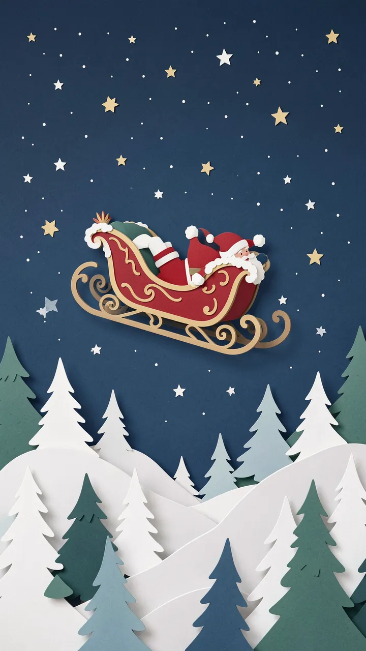 Layered paper-cut illustration of Santa in his sleigh flying above snowy pine hills under a starry night sky